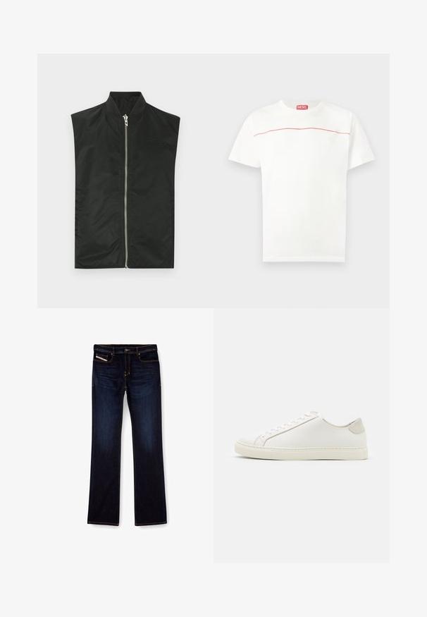 Chaqueta bomber negra sin mangas hecha de nylon suave, con cremallera frontal, cuello acanalado y un sutil bordado de logotipo en el pecho.; Camiseta blanca de manga corta de Diesel con una delgada línea roja a lo largo del pecho y una etiqueta con el logo rojo de Diesel en el escote.; Jeans de mezclilla de color azul oscuro con corte recto, con costuras naranjas, cremallera en la bragueta y bolsillos delanteros. Textura suave y cinturilla estándar.; Zapatilla blanca de cuero con una superficie suave, punta redonda y diseño minimalista. Presenta acentos en beige en el talón y una suela de goma.