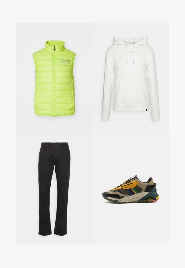 Neon zelený bezrukávový puffer vest s vysokým golierom, zipsovým uzáverom, horizontálnym prešívaním a logom E.A7 na hrudi. Ľahký materiál.; Biela mikina vyrobená z mäkkej tkaniny. Má predné vrecko, kapucňu so šnúrkou a potlačené logo na hrudi. Rebrované manžety a lem.; JOOP! Jeans MITCH - Džínsy s rovným strihom - black; Viacfarebné tenisky s kombináciou semišu a sieťoviny, v žlto-čiernej farebnej schéme, s textúrovanými podrážkami a bočnými akcentmi.