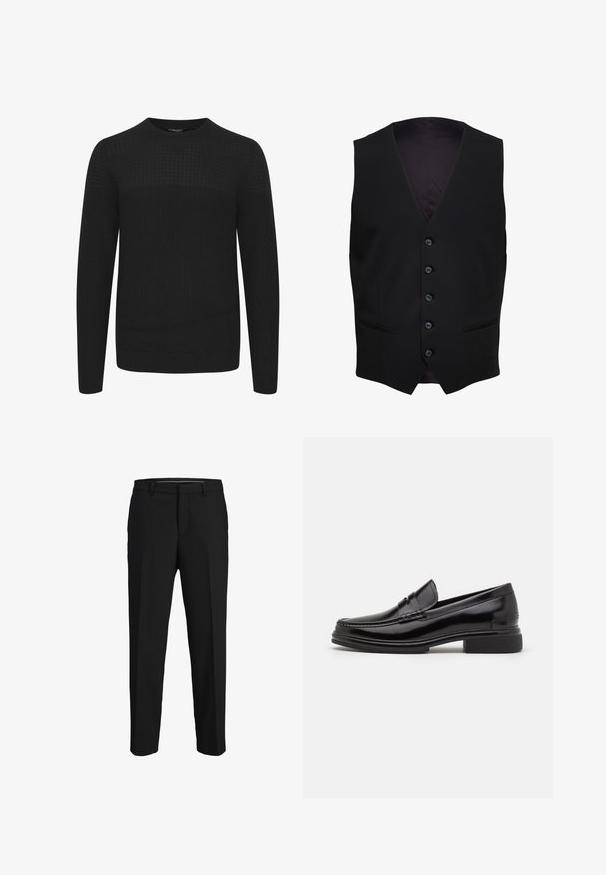 Gilet formel noir avec cinq boutons sur le devant et deux poches horizontales fendues de chaque côté.; Pull en tricot noir avec un col rond, doté d'un panneau supérieur texturé et de poignets et d'un ourlet côtelés. Fabriqué à partir d'un tissu doux et chaud.; Pantalons noirs en tissu lisse, présentant une coupe droite, des passants de ceinture et un devant plat sans motifs ni embellissements visibles.; Mocassins en cuir noir avec un embout arrondi, présentant un détail cousu sur le dessus, et un petit talon carré. Texture lisse et finition brillante.