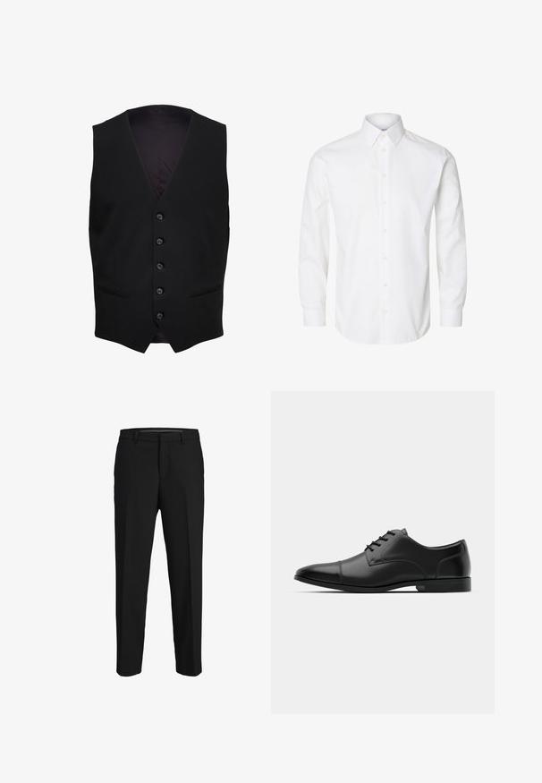 Gilet formel noir avec cinq boutons sur le devant et deux poches horizontales fendues de chaque côté.; Chemise blanche à manches longues avec boutons, col pointu, boutons visibles sur le devant et poignets fermés par des boutons.; Pantalons noirs en tissu lisse, présentant une coupe droite, des passants de ceinture et un devant plat sans motifs ni embellissements visibles.; Chaussure habillée en cuir noir avec un bout arrondi, texture lisse, six œillets et une semelle noire basse. Présente une couture discrète sur le bout.