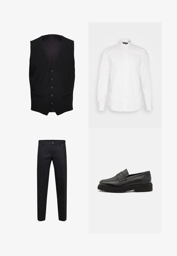 Chaleco formal negro con cinco botones al frente y dos bolsillos horizontales con abertura en cada lado.; Camisa blanca de botones, hecha de algodón, con cuello clásico, mangas largas y dobladillo curvado. Diseño minimalista con sutiles detalles de costura.; Pantalones formales negros con cierre de botón y cremallera, corte recto y trabillas para cinturón, mostrados sobre un fondo blanco.; Mocasín de cuero negro con punta redonda, detalles de costura y suela gruesa y texturizada. Presenta un diseño elegante y minimalista.