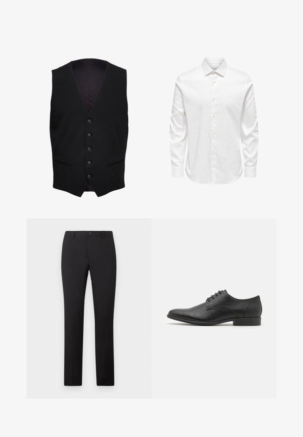 Gilet formel noir avec cinq boutons sur le devant et deux poches horizontales fendues de chaque côté.; Chemise blanche pour homme à manches longues avec col pointu et rangée avant de boutons blancs sur fond uni.; Pantalon noir sur mesure avec une coupe droite, doté d'une fermeture à bouton et de passants pour ceinture. Confectionné dans un tissu lisse sans motifs apparents.; Chaussure habillée en cuir noir avec une finition lisse, un talon bas, un bout rond et six œillets pour les lacets. Design minimaliste.