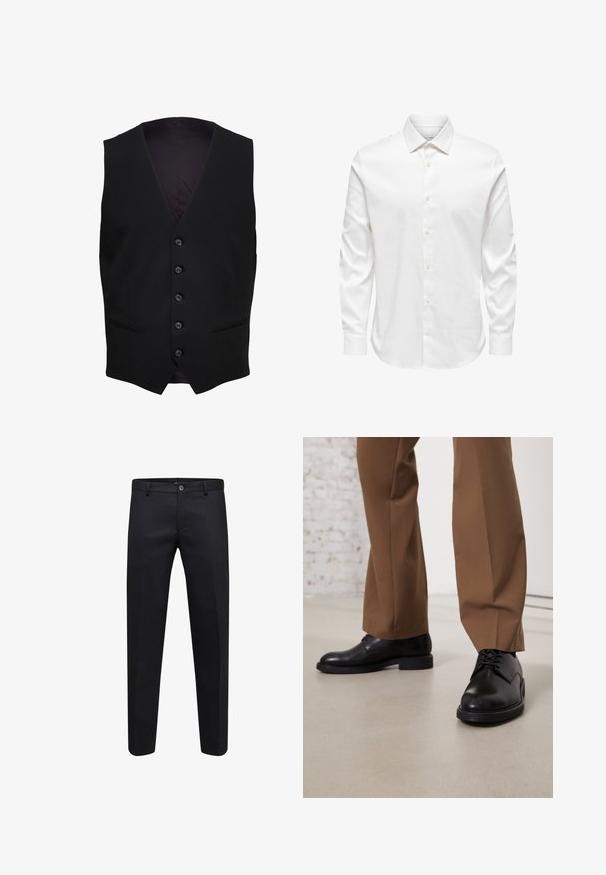 Zwart formeel vest met vijf knopen aan de voorkant en twee horizontale sleufzakken aan elke kant.; Wit herenshirt met lange mouwen, een puntige kraag en een rij witte knopen aan de voorkant op een effen achtergrond.; Zwarte formele broek met knoop- en ritssluiting, rechte snit en riemlussen, getoond op een witte achtergrond.; Zwarte leren schoenen met een gladde oppervlakte en een ronde neus, metveterafsluiting en een lage, platte zool. Gecombineerd met bruine broeken.