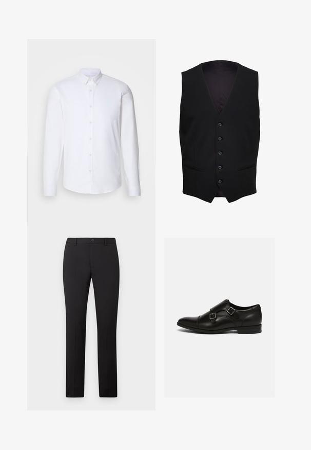 Gilet formel noir avec cinq boutons sur le devant et deux poches horizontales fendues de chaque côté.; Chemise blanche à manches longues avec boutons, fabriquée dans un tissu lisse, dotée d'un col classique, de huit boutons sur le devant et de poignets standards.; Pantalon noir sur mesure avec une coupe droite, doté d'une fermeture à bouton et de passants pour ceinture. Confectionné dans un tissu lisse sans motifs apparents.; Chaussures en cuir noir avec bout pointu, accents à double boucle et design élégant. Présente un petit talon empilé et une texture de surface lisse.