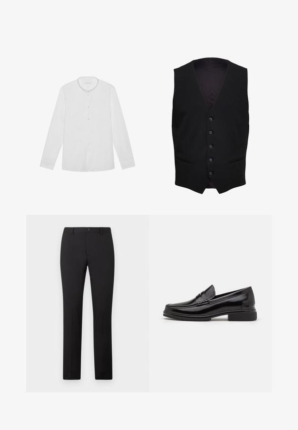 Gilet formel noir avec cinq boutons sur le devant et deux poches horizontales fendues de chaque côté.; Chemise blanche à manches longues avec col montant et une poche poitrine, posée à plat sur un fond uni.; Pantalon noir sur mesure avec une coupe droite, doté d'une fermeture à bouton et de passants pour ceinture. Confectionné dans un tissu lisse sans motifs apparents.; Mocassins en cuir noir avec un embout arrondi, présentant un détail cousu sur le dessus, et un petit talon carré. Texture lisse et finition brillante.