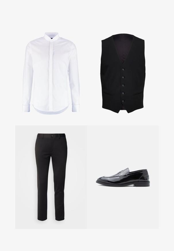 Zwart formeel vest met vijf knopen aan de voorkant en twee horizontale sleufzakken aan elke kant.; Wit overhemd met lange mouwen, verborgen knoopsluiting en klassieke kraag, getoond op een effen achtergrond.; Zwarte broek van gladde stof, met een rechte pijpdesign, sluiting met voorste knoop en riemlussen, weergegeven op een witte achtergrond.; Zwarte loafers van lakleer met een gladde afwerking, ronde neus en decoratief banddetail, voorzien van een laag profiel en rubberen zool.