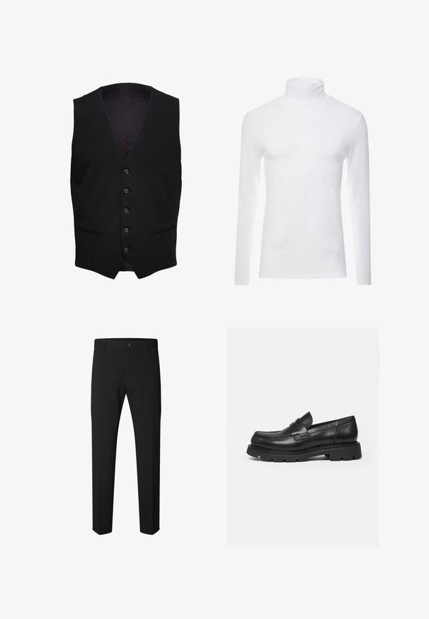 Schwarze formelle Weste mit fünf Knöpfen vorne und zwei horizontalen Schlitztaschen auf jeder Seite.; Weißes Langarm-Turtleneck-Shirt aus weichem, dehnbarem Stoff. Verfügt über einen hohen Kragen und eine figurbetonte Passform, die eine schlanke Silhouette bietet.; Schwarze Slim-Fit-Hose mit Knopf- und Reißverschluss, Gürtelschlaufen und geraden Beinen auf weißem Hintergrund.; Schwarzer Lederloafer mit dicker, profilierter Sohle und Pennyriemen-Detail, von der rechten Seitenansicht auf weißem Hintergrund gezeigt.