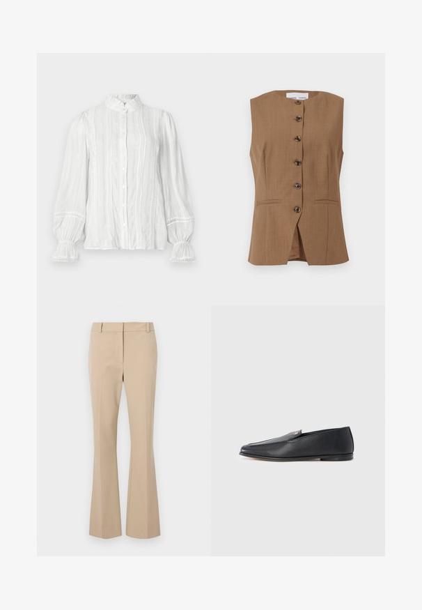 Chaleco marrón sin mangas con un cuello alto, seis botones oscuros en la parte frontal y dos bolsillos en ángulo. Tejido suave y texturizado.; Blusa blanca de botón con cuello voluminoso, rayas verticales y tejido texturizado. Presenta mangas abullonadas con elástico y adornos de encaje.; Pantalones beige ajustados de corte recto, con frente plano, trabillas para cinturón y una textura suave. Sin bolsillos ni patrones visibles.; Mocasines de cuero negro con textura suave, punta redondeada y detalles de costura sutiles. Presentan un acento de logo dorado en el lateral superior.