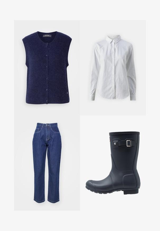 Mos Mosh MMALMINE THORA KNIT VEST - Veste sans manches - maritime blue; Chemise blanche à manches longues en coton lisse, dotée d'un col classique et d'un ourlet arrondi. Les boutons sont petits et blancs.; Jean en denim bleu foncé à taille haute, jambe droite, cinq poches et surpiqûres contrastées. Design classique avec une texture lisse.; Botte de pluie en caoutchouc noir avec un embout arrondi, une semelle texturée et un détail de sangle ajustable. Surface lisse avec une finition mate.