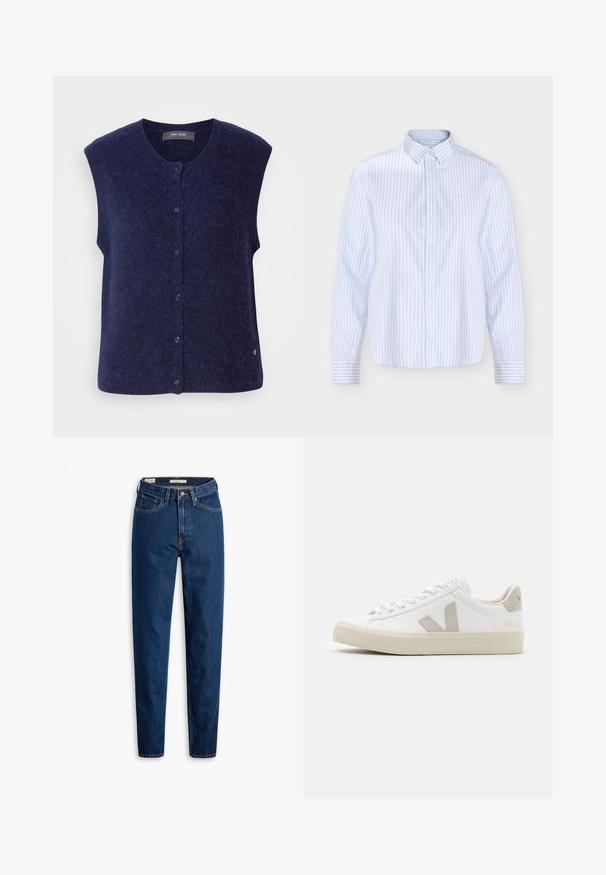 Mos Mosh MMALMINE THORA KNIT VEST - Vesta - maritime blue; Svetlomodrá a biela vertikálne pruhovaná košeľa s dlhým rukávom, klasickým golierom a zapínaním na gombíky na manžetách.; Tmavomodré džínsy so zvýšeným pásom, rovný strih, jedným gombíkom na zapínanie a kontrastným oranžovým stehom. Minimalistický dizajn, bez ozdôb.; Biele tenisky vyrobené z kože s šedými akcentmi vo forme V loga, textúrovaná gumová podrážka, biele šnúrky a polstrovaný jazyk a golier.