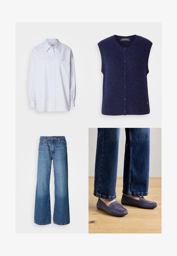 Mos Mosh MMALMINE THORA KNIT VEST - Chaleco - maritime blue; Camisa de botones azul claro hecha de algodón. Presenta un collar en punta, mangas largas y un bolsillo en el pecho. Textura suave.; Jeans de mezclilla de pierna ancha en un tono azul claro. Presentan una cintura alta, costuras visibles y un cinturón de lazo. Textura desgastada hacia la parte inferior.; Mocasines de ante púrpura con un detalle de costura y suela de goma plana, combinados con vaqueros de pierna ancha de color azul, mostrando un estilo casual sobre un suelo de madera.