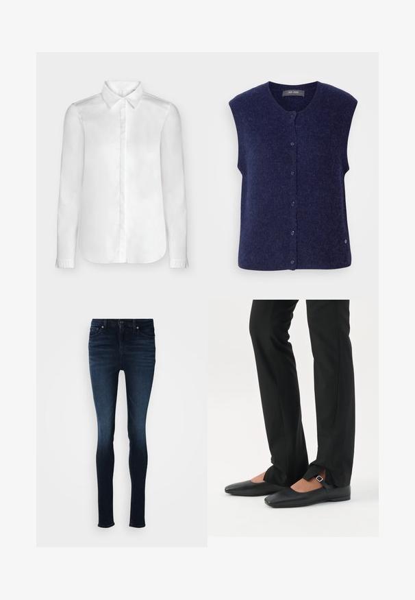 Mos Mosh MMALMINE THORA KNIT VEST - Veste sans manches - maritime blue; Blouse blanche à manches longues pour femme avec col pointu, patte de boutonnage cachée et poignets froncés sur fond uni.; Jeans skinny en denim foncé, avec une taille mi-haute, un design à cinq poches et une fermeture par bouton métallique. Texture lisse avec un minimum de décoloration.; Jambes vêtues d’un pantalon slim noir avec des fentes à l’avant de l’ourlet, assorties à des chaussures plates Mary Jane noires avec une petite bride à boucle.