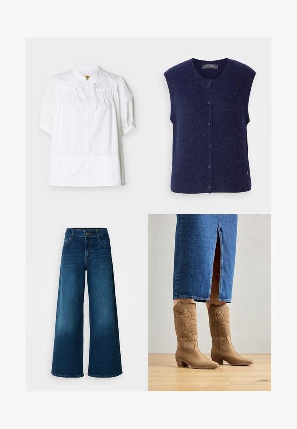 Mos Mosh MMALMINE THORA KNIT VEST - Γιλέκο - maritime blue; Λευκό πουκάμισο με κοντά μανίκια, ελαφρώς φουσκωτά, με μαζεμένη ράχη και μικρό όρθιο γιακά με δεμένο φιόγκο στο λαιμό.; Πλατιά τζιν με σκούρο μπλε τζιν ύφασμα. Διαθέτουν ψηλή μέση, κλείσιμο με κουμπί και κλασικό σχέδιο πέντε τσεπών με υποτονική φθορά.; Καφέ μπότες western με διακοσμητική ραφή, μυτερή μύτη και κοπές τακούνι. Φορεμένες με φούστα από τζιν μέχρι το γόνατο, αποκαλύπτοντας τις μπότες.