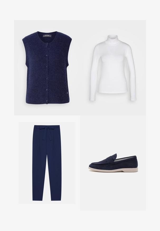 Mos Mosh MMALMINE THORA KNIT VEST - Vest - maritime blue; Hvid langærmet mærket skjorte lavet af et glat, strækbart stof. Har en tætsiddende pasform og en høj krave. Ingen synlige mønstre eller detaljer.; Marinebukser med bindeventil, sidelommer og løs pasform. Fremstillet af et glat stof med en subtil glans. Skræddersyet design med plisseringer.; Marineblå suede loafers med rund tå og syet detaljering. Har en polstret tunge og en lys beige gummisål for komfort.