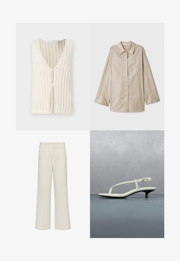 Chaleco de punto en color crema, con escote en V y textura acanalada. El notable detalle de corte en la parte frontal añade interés al diseño.; Camisa de manga larga beige con un gran cuello puntiagudo, cierre de botones en la parte delantera y puños anchos. Fabricada con un tejido suave y ligero.; Pantalones de pierna ancha en tela color crema con sutiles rayas verticales, con cintura plana y lazos para cinturón. Textura suave sin bolsillos.; Sandalia blanca de tacón kitten con tiras y punta afilada, flotando sobre un suelo de baldosas de madera al aire libre, con un fondo desenfocado de plantas y pared.