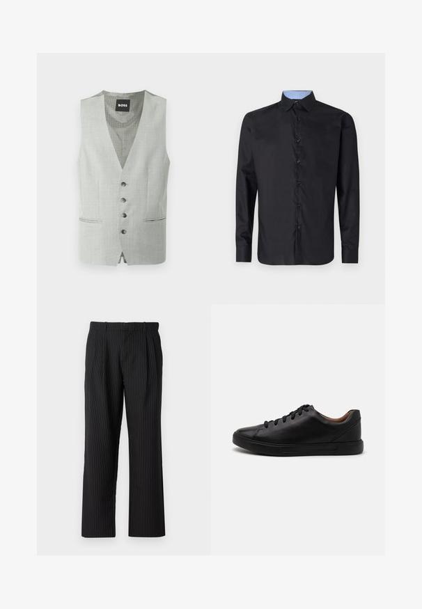 Lichtgrijze formele herenvest met vier knopen, twee voorkruiszakken en een gestreepte binnenvoering met het label "BOSS."; Zwarte lange mouwen shirt van gladde stof, met een knopenfront, spitse kraag en een lichtblauwe geruite binnenkraag.; Jack & Jones Classic Wide Leg Fit - Broek - black; Zwarte leren sneakers met een gladde afwerking, ronde neus en zes oogjes voor veterafsluiting; voorzien van een zwarte rubberen zool voor grip.