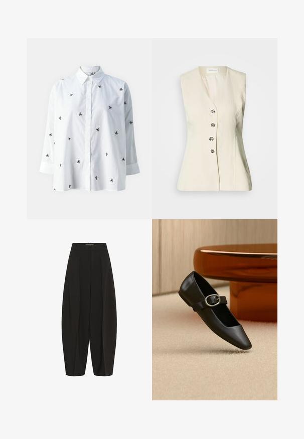 Débardeur crème sans manches en tissu texturé, doté d'un col en V et de quatre boutons argentés sur le devant.; ONLY ONLNEW LINA GRACE LS EMB SHIRT NOOS WVN - Chemisier - bright white/black; Pantalon noir taille haute à jambes larges avec plis et passants pour ceinture, doté d'une coupe décontractée et d'une longueur raccourcie.; Chaussure plate Mary Jane en cuir noir avec boucle argentée, exposée sur un tapis beige près d'un pied de table rond marron.