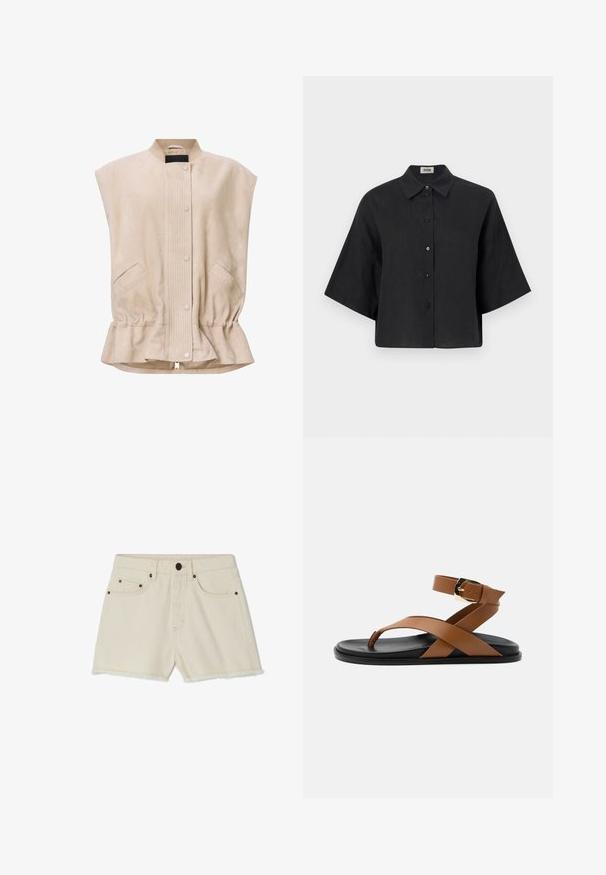 Behke-suede -liivi, jossa on seisova kaulus, etu-nappilukko, ribbareita ja kaksi sivutaskua, joissa on kerätty helma.; Mustat pellavasta valmistetut lyhyet paidat, joissa on terävä kaulus, lyhyet hihat ja etupainike. Ominaisuuksiin kuuluvat rento istuvuus ja sileä rakenne.; Farkkushortsit off-white väriin, joissa on repaleinen helma, viisi taskua ja metalliset yksityiskohdat. Klassinen vyötärö ja rento istuvuus.; Musta pohjallinen tasainen sandaali, ruskea nahkainen varvassilmukka, ristiin menevät remmit, nilkkaremmi ja kullanvärinen solki neutraalilla taustalla.