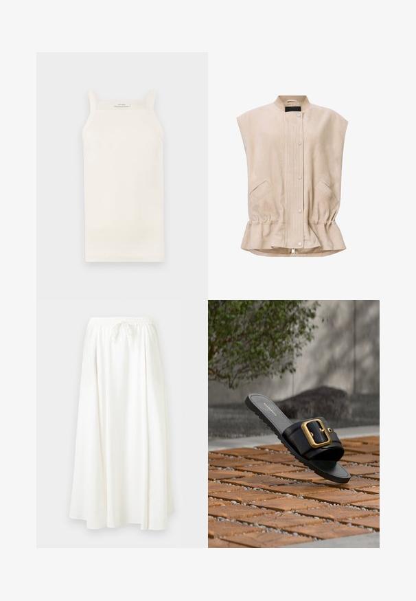 Beige ruskindsvest med krave, frontlukning med knapper, ribbet detaljering og to sidelommer med en samlet kant.; Cremefarvet ribbet tanktop med tynde stropper, tætsiddende design og lige kant. Etiketten siger "IVY OAK." Materialet ser blødt og strækbart ud.; Hvid, lang, flydende nederdel med elastisk talje og bundet snøre, vist mod en ensfarvet lys baggrund.; Sort sandal med bred rem og stor guldbøjle, der hviler på gulv af træfliser med en grøn plante og grå væg i baggrunden.