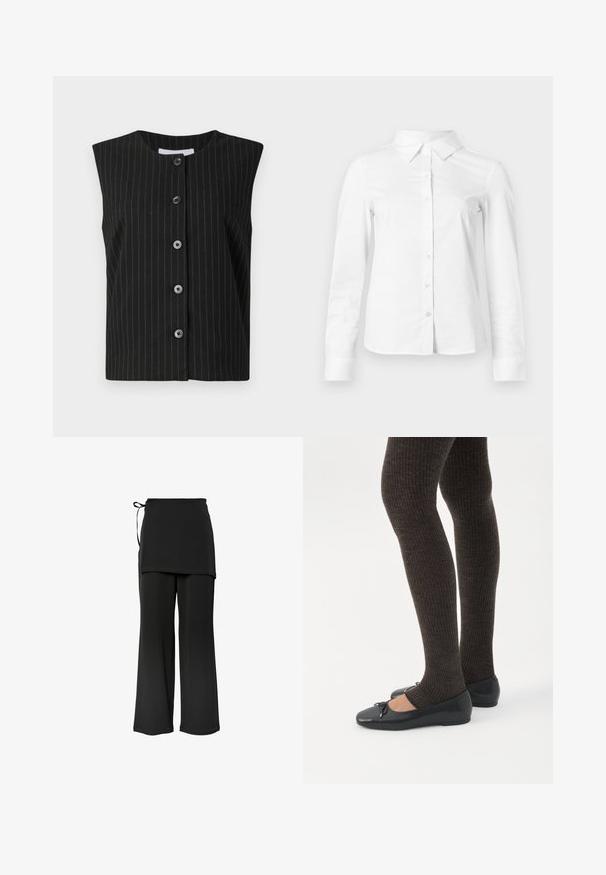 Chaleco negro sin mangas de botones con finas rayas verticales blancas y escote redondo.; Camisa blanca de manga larga con botones, cuello puntiagudo, bajo recto y silueta ajustada, presentada sobre un fondo claro y liso.; Pantalones negros de pierna ancha con un diseño en capas y lazo lateral. Hechos de una tela suave y lisa, con un corte simple y limpio.; Piernas con leggings oscuros acanalados combinados con bailarinas negras que presentan pequeños detalles de lazo sobre un fondo blanco.