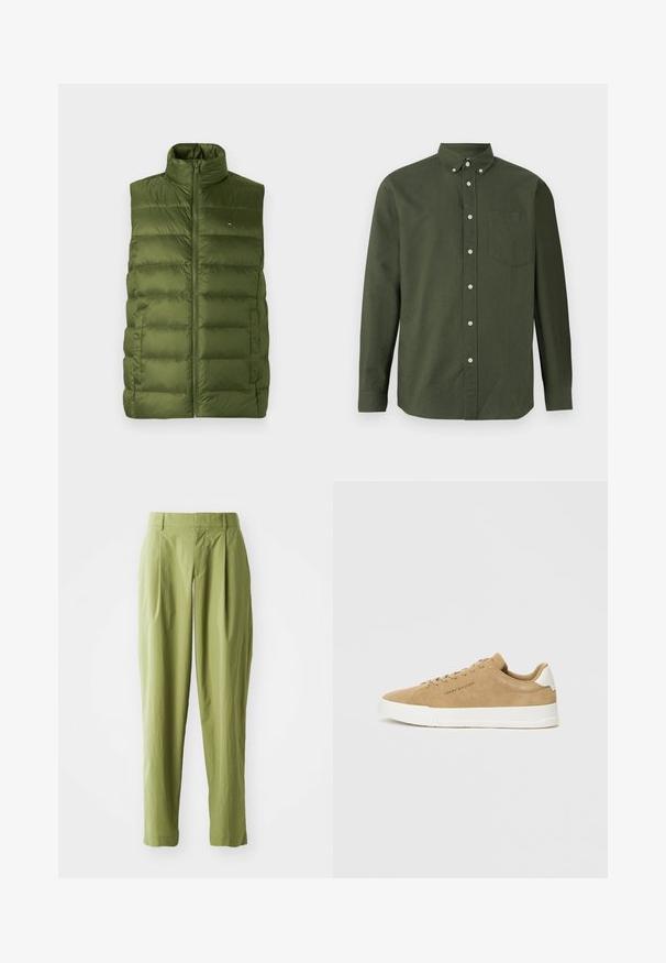 Gilet matelassé vert olive avec un col montant, fermeture éclair à l'avant et poches latérales. Présente des sections matelassées et un petit logo sur la poitrine.; Chemise boutonnee vert fonce avec manches longues, col, poche poitrine unique et accents de boutons blancs ; fabriquée dans un tissu léger.; Pantalons vert clair en tissu texturé, présentant une coupe droite, des plis à l'avant et une taille standard.; Baskets en suède beige avec une semelle en caoutchouc blanc, bout rond, lacets plats et un logo discret sur le côté. Texture lisse et design minimaliste.