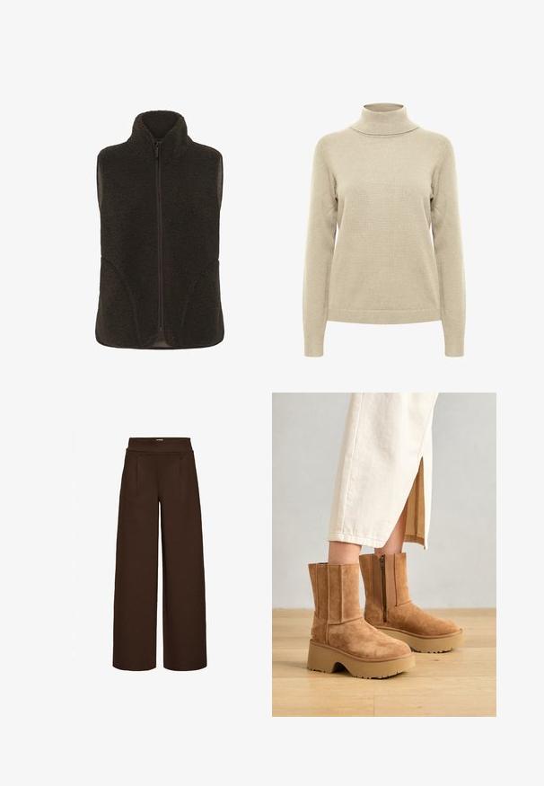 Ærmeløs, mørkebrun fleecevest med høj krave og lynlåslukning foran, designet til varme og afslappet brug.; Beige turtleneck sweater, lange ærmer, ribbet krave og manchetter, blød tekstur, tætsiddende design, minimalistisk uden mønstre eller detaljer.; Brune vide bukser lavet af glat stof, med en høj talje og to frontfolder, designet til en løs pasform.; Brune suede ankelstøvler med en kraftig platformsål, lynlås på siden og lodrette syninger, parret med en beige nederdel.