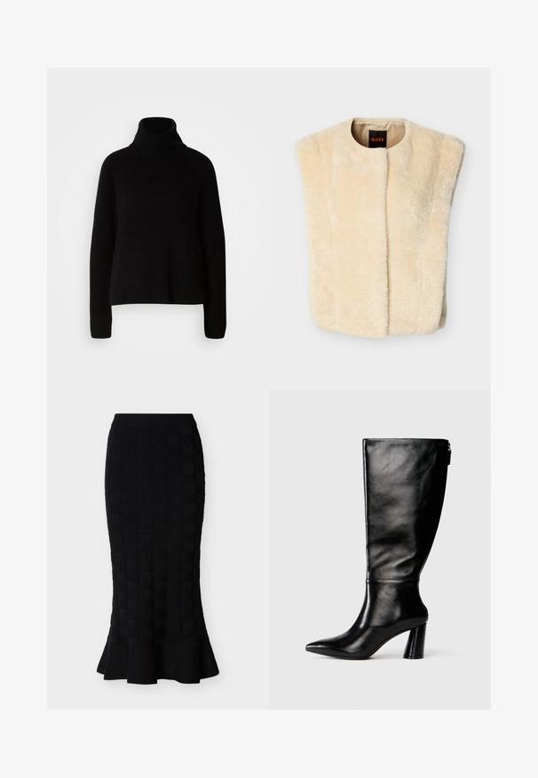 Cremefarvet faux fur vest med rund halsudskæring, åben front og uden ærmer. Blød tekstur og glat indvendig foring. Mærkeetiket synlig.; Sort sweater med høj hals lavet af ribbet materiale; har lange ærmer og en afslappet pasform, som fremhæver et simpelt og klassisk design.; Sort midi-nederdel med firkantet tekstureret mønster og flæset kant på hvid baggrund.; Knee-high sorte læderstøvle med spids tå, glat tekstur og en kraftig hæl. Har en lynlåsdetaile bagpå.