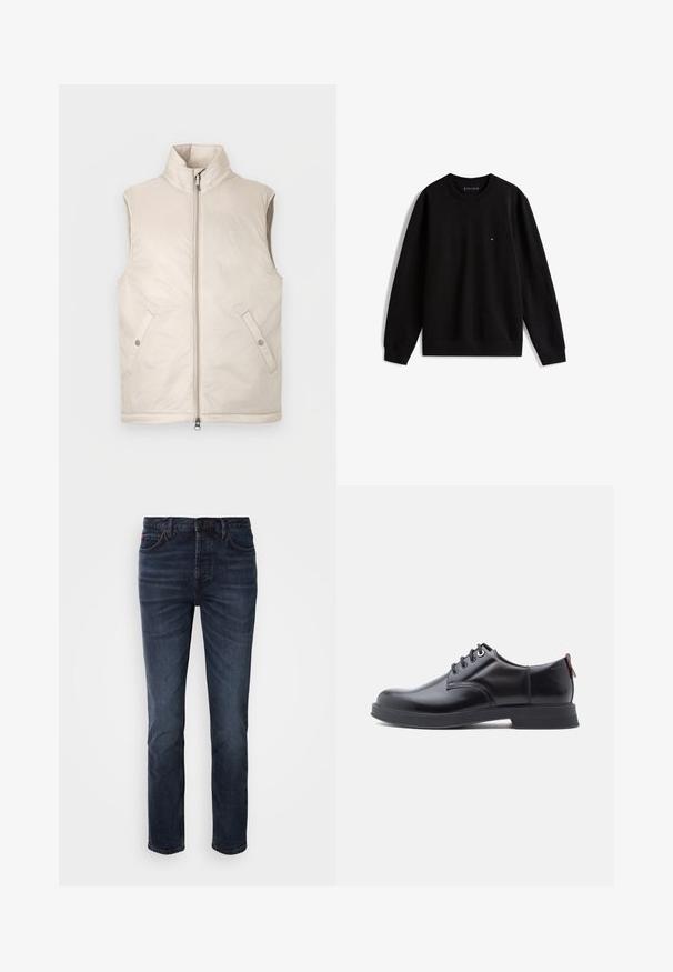 Beige uden ærmer, polstret vest med høj krave, lynlås foran og to sidelommer, med en glat tekstur og minimalistisk design.; Sort crewneck sweatshirt lavet af bomuldsmateriale, med lange ærmer, ribbede manchetter og kant, samt et lille logo på brystet.; Mørkeblå denim jeans med lige ben-design, der har fem lommer, en knap- og lynlåslukning samt diskrete syninger.; Sorte snørestøvler i læder med glat tekstur, rundet tå og diskrete syningsdetaljer. Har en rød trækflig på hælen.