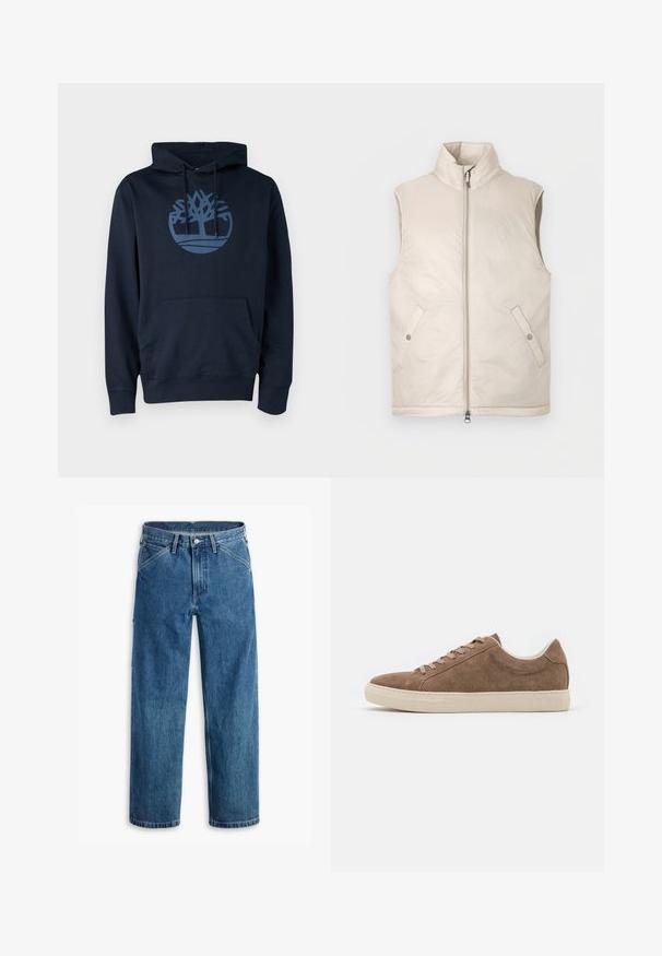 Beige mouwloze puffer-vest met een hoge kraag, ritssluiting aan de voorkant en twee zijzakken, met een gladde textuur en minimalistisch design.; Navyblauwe hoodie van een mengsel van katoen, met een voorzak en een rond boomlogo in een lichtere blauw op de borst.; Blauwe denim jeans met rechte pijpen, voorzakken, riemlussen, metalen knoop en rits aan de voorkant, op een witte achtergrond.; Bruine suède casual sneakers met een lage profiel, platte beige rubberen zool en zes vetersluitingen. Rond neuspunt en minimalistisch ontwerp.