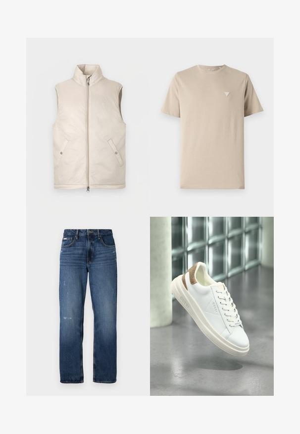 Beige uden ærmer, polstret vest med høj krave, lynlås foran og to sidelommer, med en glat tekstur og minimalistisk design.; Beige bomulds t-shirt med korte ærmer, rund halsudskæring og et lille trekantet logo broderet på venstre bryst. Glat tekstur.; Blå denim jeans med lige ben design. Har slidte områder og let slitage på forsiden, med en klassisk knaplukning.; Hvide lædersneakers med beige mønstret accent på hælen, glat tekstur, snørebåndsdesign og prægede branding på siden.