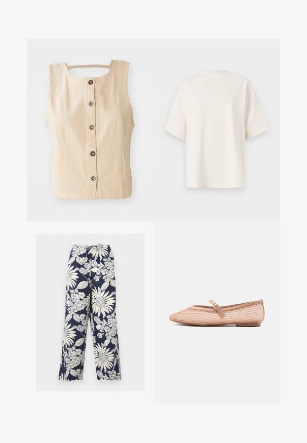Top sans manches beige en mélange de coton, avec un col rond, une fermeture à boutons sur le devant et un tissu légèrement texturé.; T-shirt oversize blanc cassé uni à manches courtes et col rond, présenté sur un fond gris clair.; Pantalon large bleu marine avec motifs floraux et feuillages blancs et taille élastique avec cordon.; Chaussure plate Mary Jane beige avec superposition en maille et bride ajustable à boucle, vue de profil sur un fond neutre.