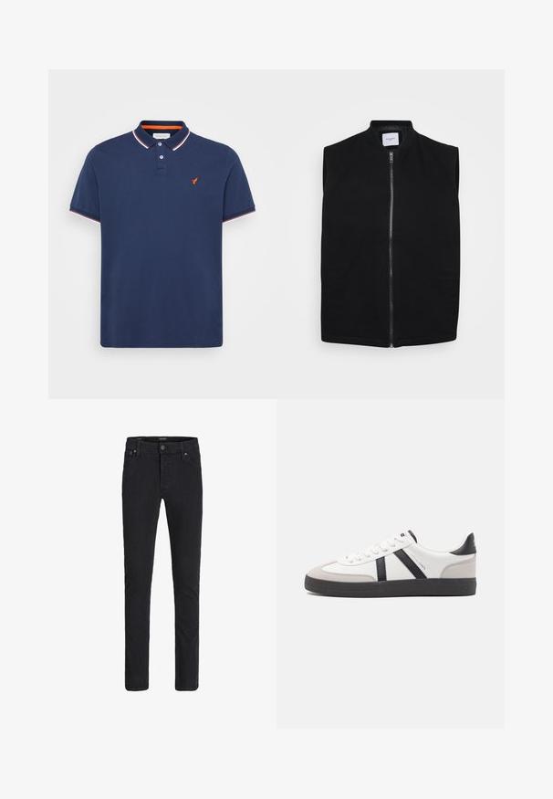 Gilet sans manches noir en tissu lisse, doté d'une fermeture éclair à l'avant, d'un col montant et de deux poches latérales. Design sobre sans motifs.; Polo shirt bleu marine en coton avec une patte de boutonnage à deux boutons, des manches courtes et des finitions de col en rouge et blanc contrastés. Présente un petit logo orange.; Jean slim noir avec fermeture avant par bouton et zip, design cinq poches et passants de ceinture.; Baskets blanches avec des accents noirs et gris, présentant un embout texturé gris, une semelle en caoutchouc noir et des lacets plats blancs. Design épuré, style minimaliste.
