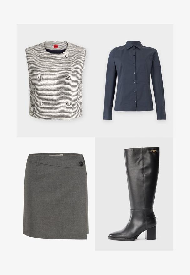 Veste sans manches tissée à rayures horizontales noires et blanches, devant croisé avec six boutons ronds et encolure ronde.; Chemise gris foncé à manches longues avec col pointu et coutures ajustées, présentée sur un fond blanc.; Jupe grise en tissu texturé, dotée d'un bouton sur le côté et d'une silhouette droite avec un léger design croisé.; Botte en cuir noir, arrivant au genou, avec un talon bloc, un bout pointu et un accent en métal doré près du haut. Texture lisse avec un minimum de coutures.