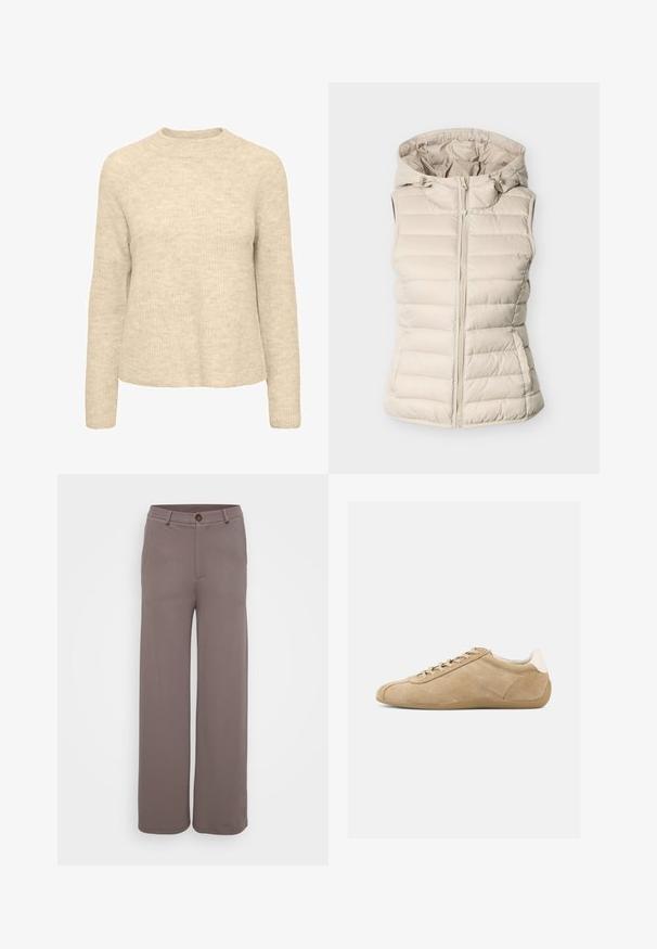 Chaleco acolchado beige con un diseño ajustado, acolchado horizontal y capucha desmontable. Cuenta con una cremallera frontal y una tela lisa y texturizada.; Suéter de punto beige con una textura suave, escote redondo y mangas largas. Diseño simple sin patrones ni acentos visibles.; Pantalones de pierna ancha en una suave tela marrón apagado, con bolsillos frontales, cierre de botón y cinturilla ajustada.; Zapatilla de ante color canela con textura suave, punta redondeada, diseño ligero con cordones y un acento en el talón blanco a contraste. Suela de goma flexible.
