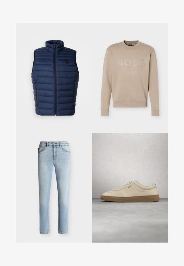 Tumesinine puffer vest kõrge kraega, kvestud tekstuuriga, ees tõmblukuga ja kahe küljetaskuga. Omab väikest brändi logo.; Beež värvi ümmarguse kaelusega dressipluus pikkade varrukate ja soonikkoes mansettide ning alumise äärega, millel on rindkere kohal reljeefne "BOSS" logo.; Hele sinised kitsalt istuvad teksapüksid esiküljel nupu ja tõmblukuga, viie tasku disain ning nõrk pleekimine reiest põlveni.; Helebeežist beežist pastellseemisnahast toss, kummisest kummist tallaga, silmapaistvate paelte ja peenikeste õmblustega. Puhas disain minimalistliku esteetikaga.