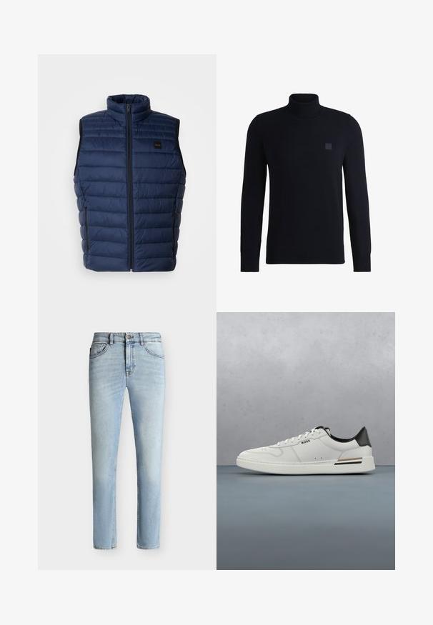 Tumesinine puffer vest kõrge kraega, kvestud tekstuuriga, ees tõmblukuga ja kahe küljetaskuga. Omab väikest brändi logo.; Tumed sinine kõrge kaelusega sviiter, mis on valmistatud pehmest kudumist, pikade varrukatega ja sooniku äärega kaelusega. Rinnal on ruudukujuline logoplekk.; Hele sinised kitsalt istuvad teksapüksid esiküljel nupu ja tõmblukuga, viie tasku disain ning nõrk pleekimine reiest põlveni.; Valged madalad sneaker'id musta kanna, paeltega sulgemine, peened perforatsioonid ja küljes "BOSS" logo, nähtud välisküljelt profiilis.