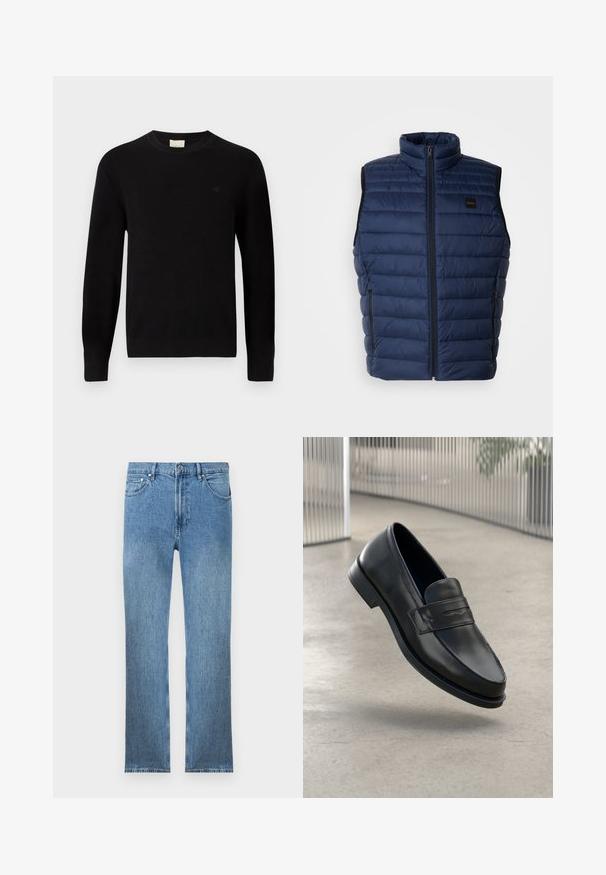 Navyblauwe puffervest met hoge kraag, gewatteerde textuur, ritssluiting aan de voorkant en twee zijzakken. Beschikt over een klein merklogo.; Calvin Klein Trui - black; Lichtblauwe denim jeans met een rechte snit, vijf zakken, een ritsluiting en contrasterende stiksels. De stof heeft een gladde, gestructureerde afwerking.; Zwarte leren loafer met een gladde textuur, spitse neus en een decoratieve band over de wreef. Lichtgewicht zool, minimalistisch ontwerp.