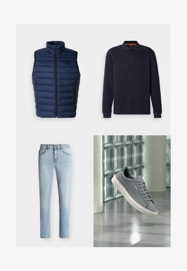 Tumesinine puffer vest kõrge kraega, kvestud tekstuuriga, ees tõmblukuga ja kahe küljetaskuga. Omab väikest brändi logo.; Tumesinine pika varrukaga polo-särk, mis on valmistatud tekstuuriga kangast ning millel on nööbiga kaelus. Rinnal on väike tikandiga logo.; Hele sinised kitsalt istuvad teksapüksid esiküljel nupu ja tõmblukuga, viie tasku disain ning nõrk pleekimine reiest põlveni.; Hall BOSS kaubamärgiga tennisejalanõu valge tallaga, paeltega, hõljuv siseruumis klaasplokkidest seina ja poleeritud betoonpõranda taustal.
