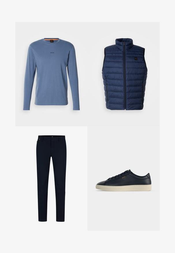 Marineblå puffer vest med høj krave, quiltet tekstur, frontlynlås og to sidelommer. Har et lille brandlogo.; Langærmet blå T-shirt lavet af blødt stof, med rund halsudskæring og "BOSS" logo i mørkegrå på brystet.; Marinebukser lavet af glat stof, med en slim fit, bæltestropper og en skjult lynlås. Ingen bemærkelsesværdige mønstre eller accenter.; Lavprofileret mørkeblå lædersneaker med cremefarvet gummisål og "BOSS" branding i guld på siden, vist i sidevisning.