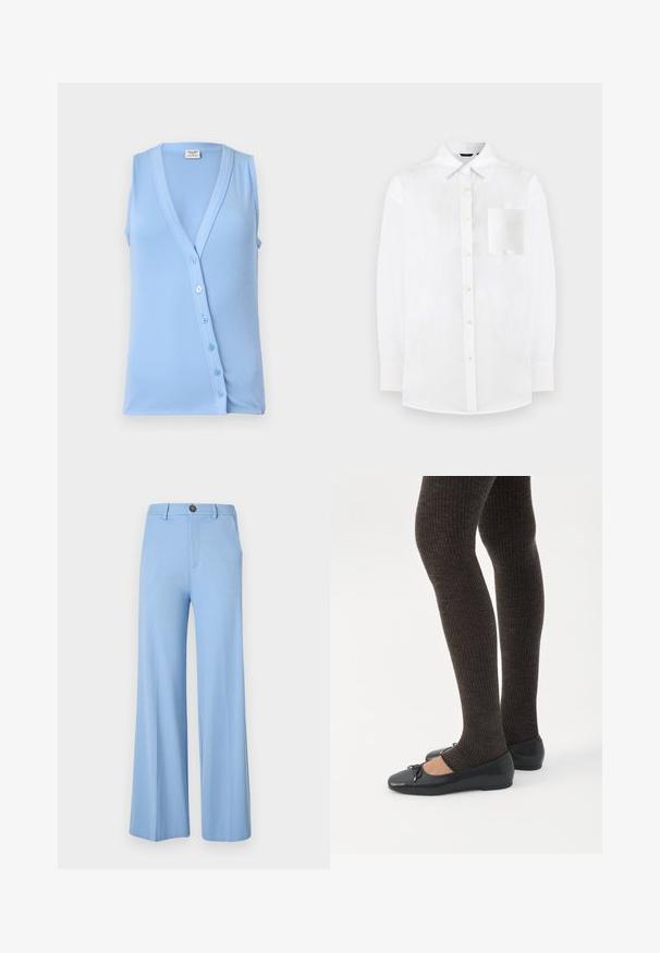 Lichtblauw mouwloos topje met een V-hals en knoopsluiting, met ribbelstructuur en een getailleerde pasvorm. Zacht materiaal en subtiele accenten.; Witte blouse van lichtgewicht stof. Heeft een klassiek kraag, lange mouwen en een enkele borstzak met een gladde textuur.; Lichtblauwe wijd uitlopende broek gemaakt van een gladde stof, met een knoopsluiting en voorzakken. Schoon, op maat gemaakt ontwerp zonder patronen.; Benen met donkere geribbelde leggings gecombineerd met zwarte ballerina's met kleine strikdetails op een witte achtergrond.