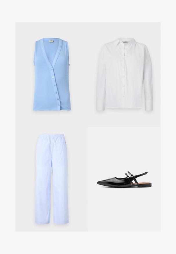 Lichtblauw mouwloos topje met een V-hals en knoopsluiting, met ribbelstructuur en een getailleerde pasvorm. Zacht materiaal en subtiele accenten.; Witte button-up shirt van katoen, met lange mouwen, een klassieke kraag en subtiele stikdetails.; Lichtblauwe gestreepte broek met een elastische tailleband, wijde pijpen, zijzakken en een gladde textuur. Geen extra versieringen.; Zwarte gepatineerde leren slingback schoenen hebben een spitse neus, twee banden met gespsieraden en een platte zool.