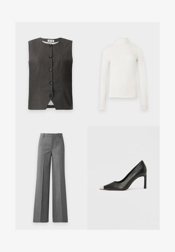 Mørk ærmeløs vest med lodrette striber, der har fem frontknapper, rund halsudskæring samt et glat stof med en subtil glans.; Langærmet rullekravetrøje i off-white, lavet af blødt stof. Har et tætsiddende design og en høj halsudskæring. Glat tekstur uden mønstre.; Grå bukser med vidde i et tekstureret stof. Har frontfolder, en tætsiddende talje og en poleret finish, ideel til formelle anledninger.; Sort læder højhælet sko med spids tå og metal-sølv hætte. Har en glat finish og en slank hæl på 10 cm.