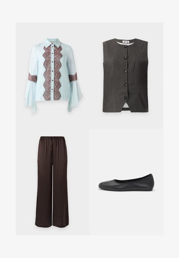 Mouwloos donker vest met verticale streepjes, voorzien van vijf knopen aan de voorkant, een ronde halslijn en een gladde stof met een subtiele glans.; Lichtblauw blouse met bruine kantaccent en gestreept patroon. Beschikt over een puntige kraag, knoopsluiting en uitlopende mouwen.; Zwarte, brede broekspijpen gemaakt van gladde stof met een elastische tailleband en een trekkoord. Heeft een losse, vloeiende pasvorm.; Zwarte leren ballerina met een ronde neus, gladde textuur, minimale stikdetails en een flexibele zoolontwerp.