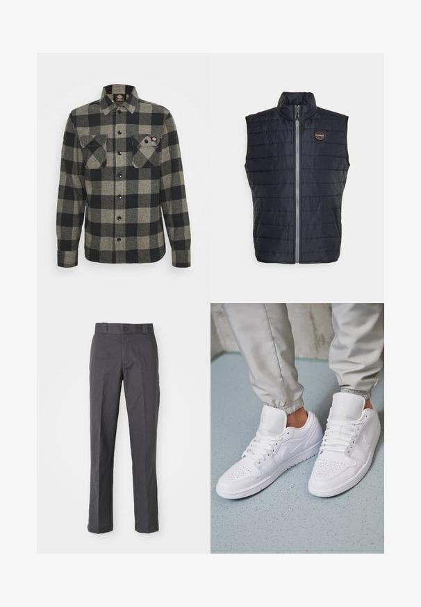 Gevoerde zwarte vest met hoge kraag, rits aan de voorkant, horizontaal gestikte patroon en een cirkelvormig logo op de linkerborst.; Zwart en grijs geblokt flanellen shirt met lange mouwen, knoopsluiting aan de voorkant, twee borstzakken en een licht gebogen zoom. Gegarneerde stof.; Donkergrijze broek van een katoenmix, met een recht model, voorzakken en een knoopsluiting in de taille.; Witte leren sneakers met een geperforeerde neus, platte veters, een gepolsterde kraag en het Jordan-logo op de tong. Gediend met grijze joggers.