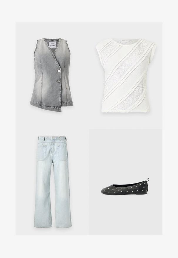 Ærmeløs grå denimvest med to knapper og en "Won Hundred" label inde i V-halsen mod en hvid baggrund.; Hvid ærmeløs top med diagonale blonderpaneler og teksturerede kantdetaljer på en flad, neutral baggrund.; Lysblå denim brede bukser med høj talje, to baglommer og subtilt slid, med gul syning.; Sort læder ballerina med små sølvnitter og en træksløjfe på hælen, vist fra siden mod en lysegrå baggrund.
