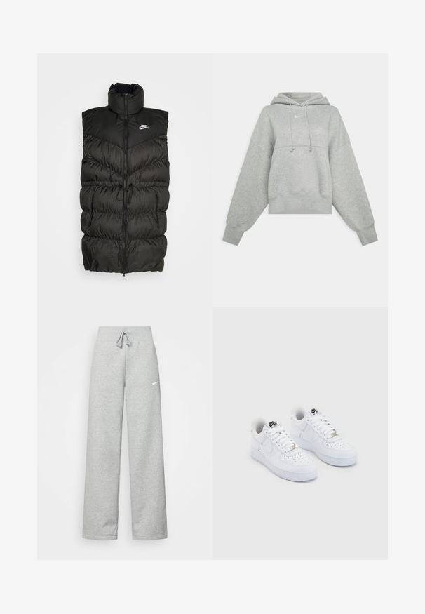 Zwarte puffer vest met hoge kraag, ritssluiting en een contrasterend geruit onderdeel. Nike-logo op de bovenste linkerzijde. Structuurmateriaal.; Grijze cropped hoodie van zacht materiaal. Heeft een verstelbare trekkoordcapuchon, brede mouwen en een klein logo op de voorkant.; Grijze sweatpants met een elastische tailleband, een trekkoord-detail en een klein wit Nike-logo op de linkerdij. Zachte stof, losvallend.; Witte Nike Air Force 1 sneakers met een glad leren bovenwerk, geperforeerde teenbox, witte veters en zwarte branding op de tong.