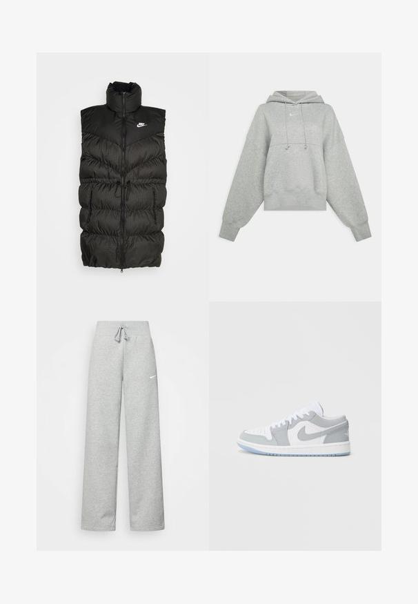 Gilet doudoune noir avec un col haut, une fermeture éclair et une section inférieure à carreaux contrastée. Logo Nike en haut à gauche. Matériau texturé.; Sweat-shirt court gris en tissu doux. Dispose d'une capuche réglable avec cordon, de manches larges et d'un petit logo à l'avant.; Pantalon de survêtement gris avec une taille élastique, un détail de cordon de serrage et un petit logo Nike blanc sur la cuisse gauche. Tissu doux, coupe ample.; Baskets Nike avec un mélange de cuir gris et blanc, embout perforé, lacets et semelle extérieure bleu clair avec détails du logo.