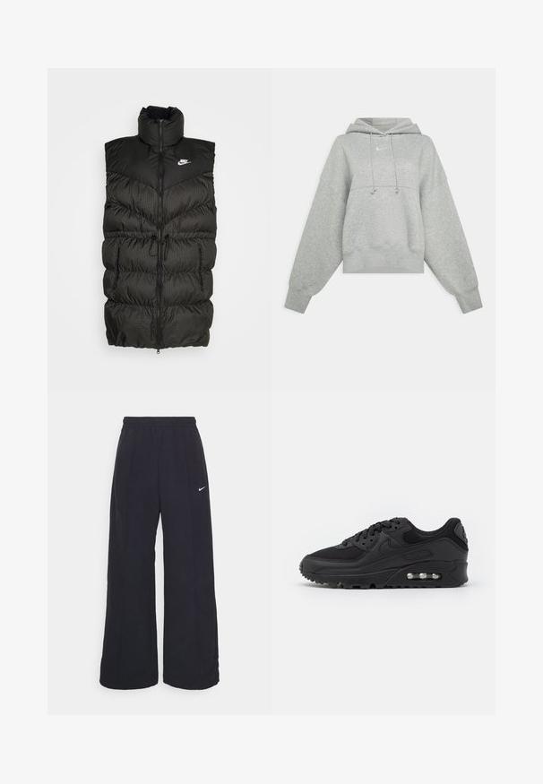 Sort puffer vest med høj krave, lynlås-lukning og en kontrasterende ternet nederste sektion. Nike-logo på øvre venstre side. Struktureret materiale.; Grå cropped hoodie lavet af blødt materiale. Har en justerbar hætte med snoretræk, brede ærmer og et lille logo på forsiden.; Sorte brede bukser med elastisk talje og et lille hvidt Nike-logo. Stoffet har en glat tekstur, designet til komfort og afslappet brug.; Sort atletisk sneakers med en glat læder- og mesh-overdel, rund tå, teksturerede detaljer og en synlig luftenhed i sålen.