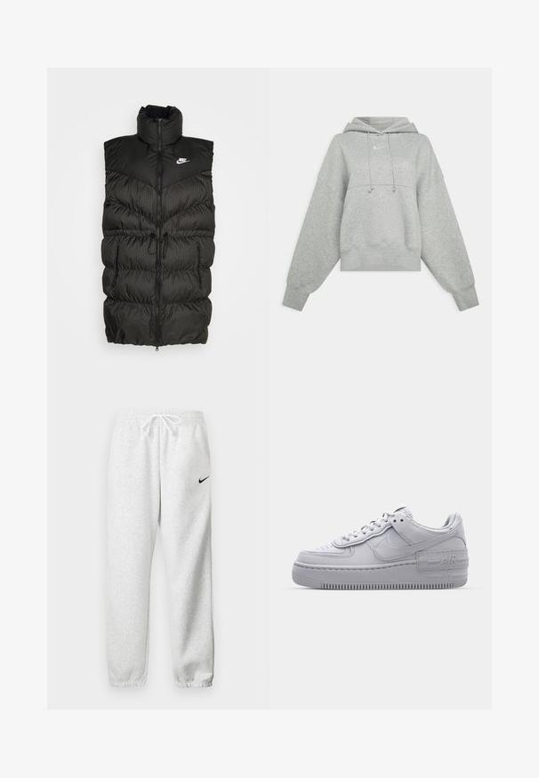Zwarte puffer vest met hoge kraag, ritssluiting en een contrasterend geruit onderdeel. Nike-logo op de bovenste linkerzijde. Structuurmateriaal.; Grijze cropped hoodie van zacht materiaal. Heeft een verstelbare trekkoordcapuchon, brede mouwen en een klein logo op de voorkant.; Grijze joggingsbroek van een zachte stof, met een elastische tailleband met trekkoord en een klein zwart Nike-logo op de linker bovenbeen.; Grijze Nike Air Force 1 sneaker met geperforeerde neus, glad leren bovenwerk, dikke zool en verhoogde 'AIR' details op de hiel.