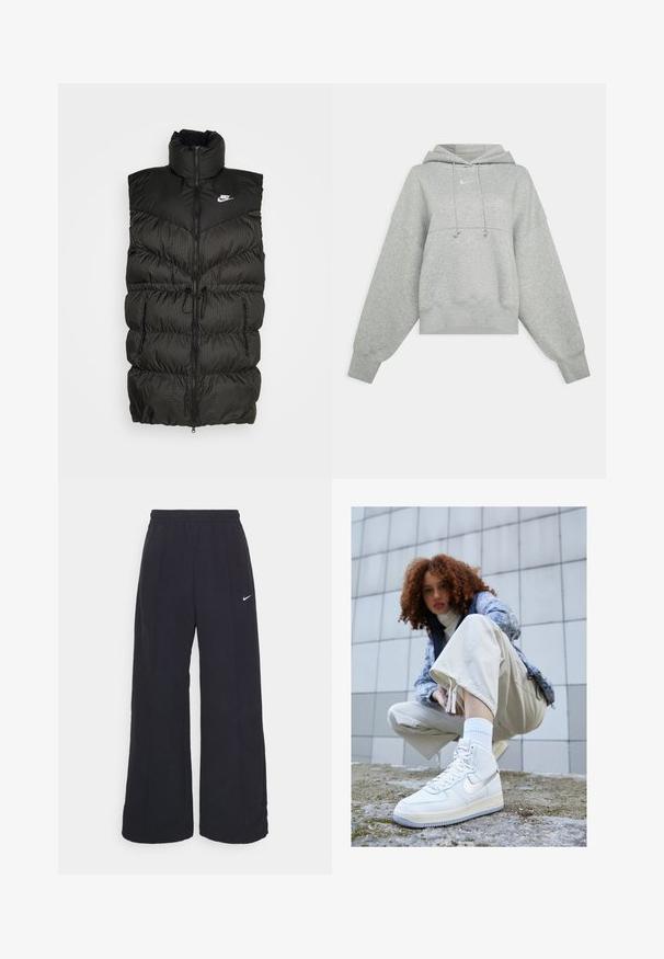 Gilet doudoune noir avec un col haut, une fermeture éclair et une section inférieure à carreaux contrastée. Logo Nike en haut à gauche. Matériau texturé.; Sweat-shirt court gris en tissu doux. Dispose d'une capuche réglable avec cordon, de manches larges et d'un petit logo à l'avant.; Pantalons larges noirs avec une taille élastique et un petit logo Nike blanc. Le tissu a une texture lisse, conçu pour le confort et un style décontracté.; Baskets Nike Air Force 1 blanches en cuir texturé, avec des accents argentés et une semelle épaisse. Portées avec une chaussette blanche et un pantalon beige clair.